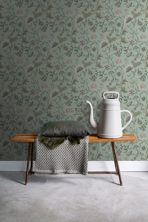 ESTAhome behang vintage bloemen celadon groen - 53 cm x 10.05 m - 139413