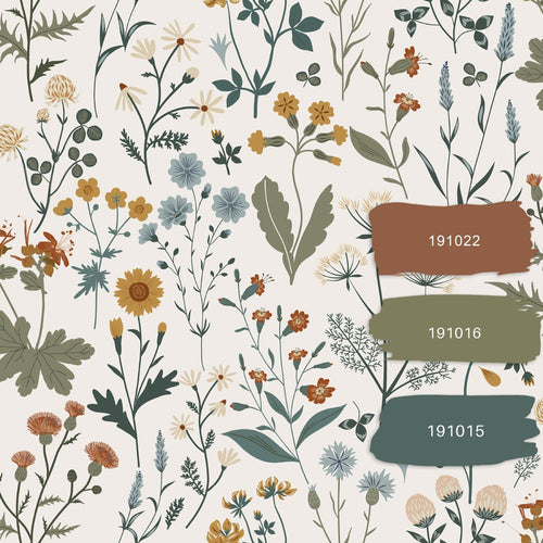 ESTAhome behang veldbloemen okergeel, vergrijsd groen en vintage blauw - 53 cm x 10.05 m - 139391