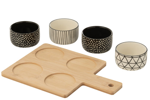 J-Line tapasplank 4 kommen + bambouschaal In Doos - keramiek/hout - wit/zwart