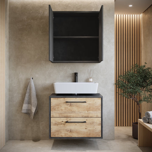 Badplaats Wastafelkast Set Florence 60 x 35 cm – Kastanje Eiken met Donker Grijs – Badmeubel met Spiegelkast