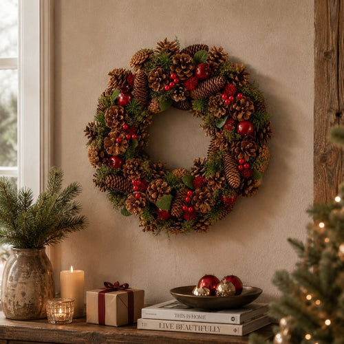 Mica Decorations Kerstkrans Landon H9 x Ø45 cm - Deurkrans met Dennenappels - Kerst Krans Deur en Tafel - Multifunctionele Kerstversiering -