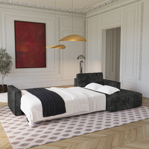 Premium Interiors - Rechthoekige hoekbank met slaapfunctie en opbergruimte  - corduroy zwart 297cm