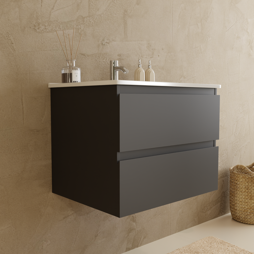 LOMAZOO badmeubelset Verona - met hoge kast & witte wastafel - mat zwart - 60 cm