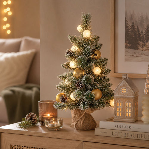 Black Box Trees Kaprun kerstboom met burlap led groen frosted goud warm wit 10L 50 TIPS BO en timer - h60xd39cm