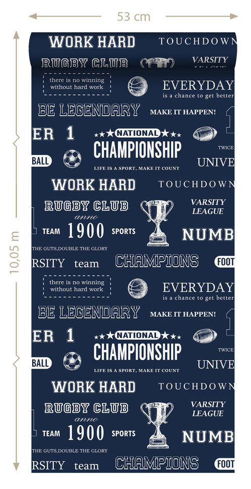 ESTAhome behang sportquotes donkerblauw - 53 cm x 10.05 m - 128816