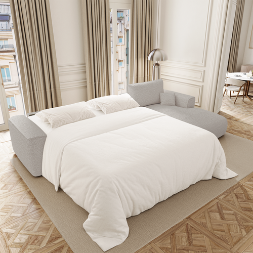 Premium Interiors - Rechthoekige hoekbank met snelle slaapfunctie COMO - bouclé-stof lichtgrijs 300cm