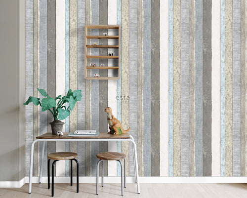 ESTAhome behang houten plankjes grijs en lichtblauw - 53 cm x 10.05 m - 138250