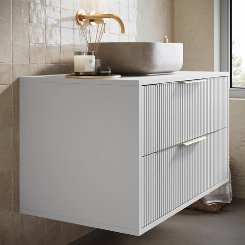 Badplaats Wastafelkast Rimini 80 cm – Mat Wit – Hangend Badmeubel met 2 Lades en Gouden Handgrepen