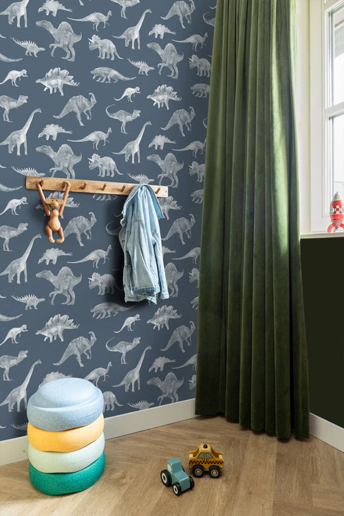 ESTAhome behang dinosaurussen vergrijsd blauw - 50 x 900 cm - 131805