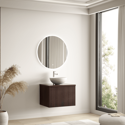 LOMAZOO badkamermeubel Messina - geribbeld - zwevend - opbouw - witte waskom - walnoot - 60 cm
