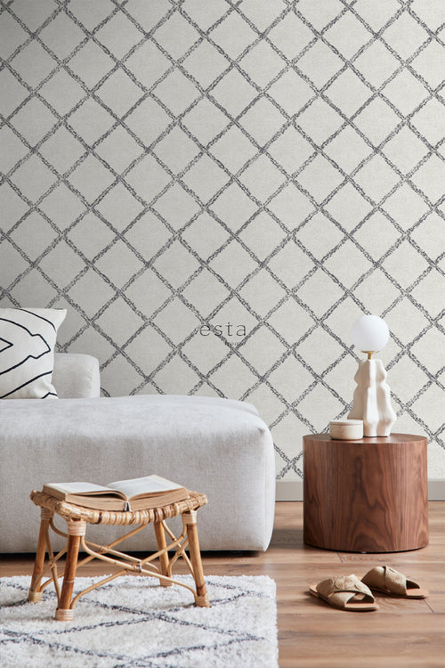 ESTAhome behang oosters berber tapijt zwart en mat wit - 53 cm x 10.05 m - 148666