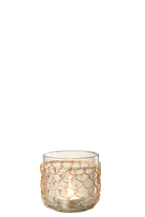 J-Line windlicht Breiwerk - glas/riet - transparant - medium