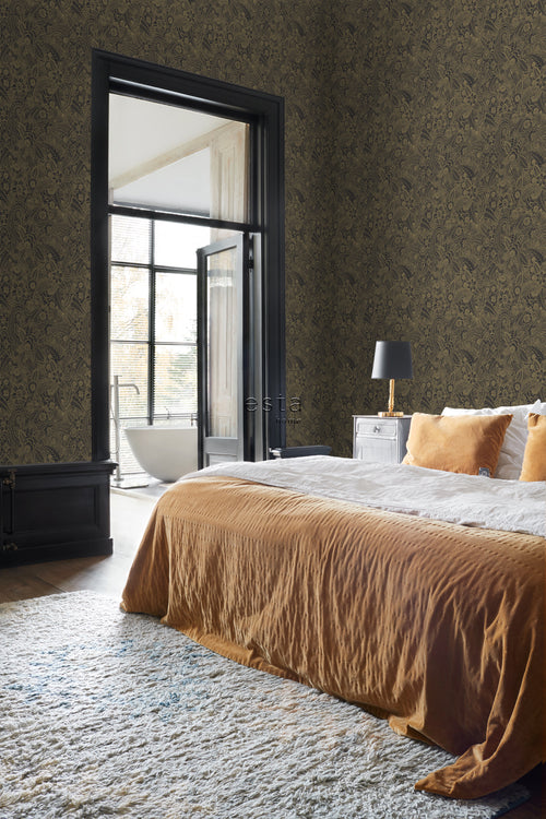 ESTAhome behang bloemtekeningen zwart en goud - 53 cm x 10.05 m - 139563
