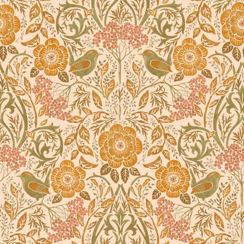 ESTAhome behang bloemen en vogels in art nouveau stijl oranje en groen - 50 x 900 cm - 131696