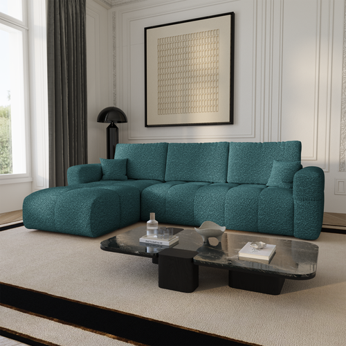 Premium Interiors - Linkshoekbank met slaapfunctie en opbergruimte VIBE - bouclé-stof eendblauw 286cm