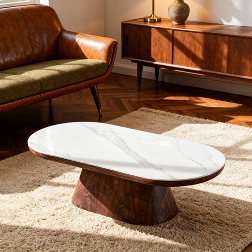 Giga Meubel Salontafel Alba - Ovaal Walnoot Hout/Keramisch - 120x60x38cm