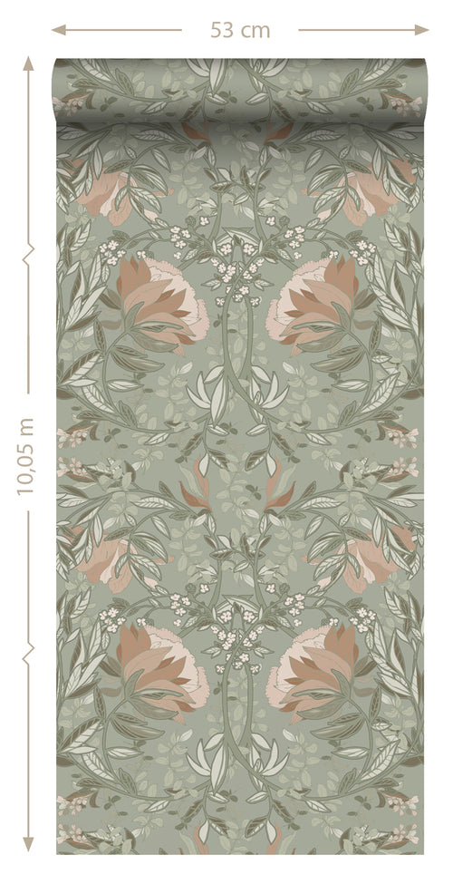 ESTAhome behang vintage bloemen in art nouveau stijl vergrijsd groen en oudroze - 0.53 x 10.05 m - 139419 - vtwonen shop