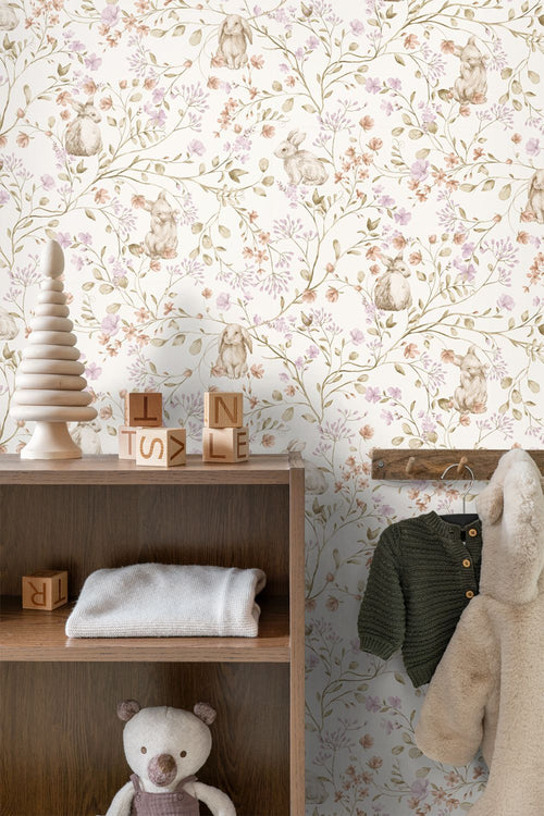 ESTAhome behang konijnen lichtpaars, groen en beige - 0.53 x 10.05 m - 131703