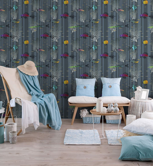 Walls4You behang vissen vergrijsd donker blauw en meerkleurig - 53 cm x 10 m - 640133