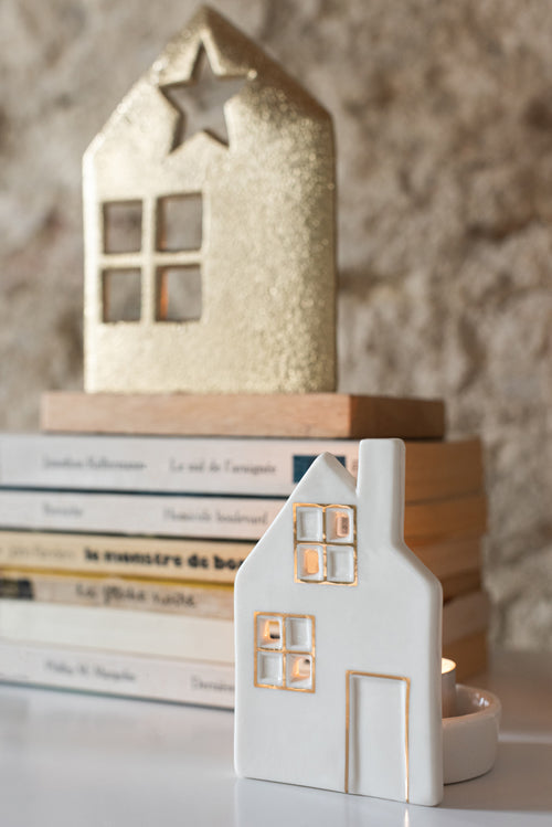 J-Line theelichthouder Huis - keramiek - wit - 2 stuks - vtwonen shop