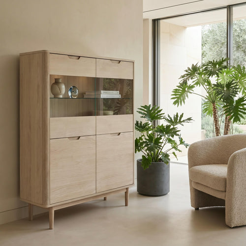 Furnhouse vitrinekast Nyborg - Witte olie - MDF, Eikenfineer, Glas - 45x123x146