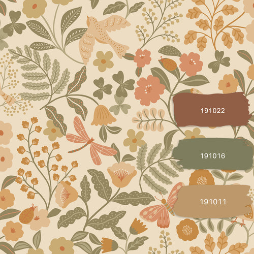 ESTAhome behang bloemen en vogels oranje en vergrijsd groen - 53 cm x 10.05 m - 131393 - vtwonen shop