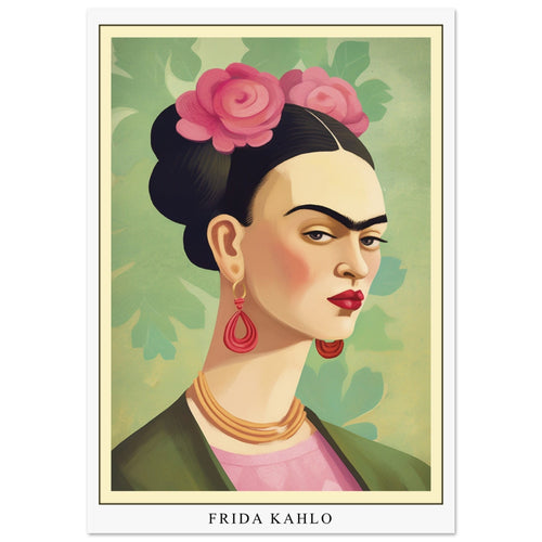 Artfulprints Poster met Lijst Frida Kahlo - Floral icon portrait   - 50x70 cm - Groen