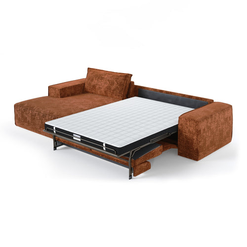 Premium Interiors - Linkshoekbank met snelle uitklapfunctie JUNE - gewaafd fluweel terracotta 320cm