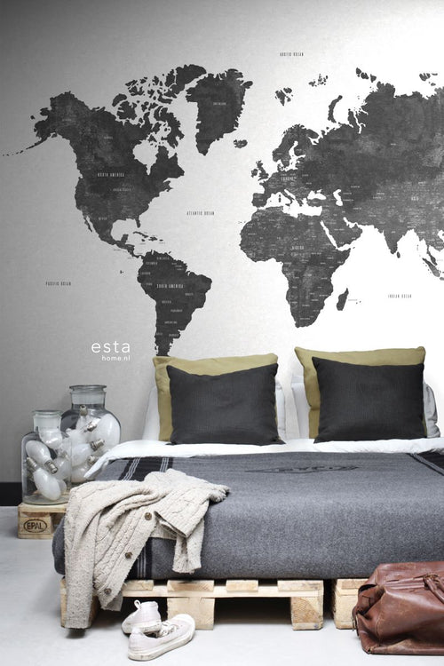 ESTAhome fotobehang vintage wereldkaart zwart wit - 279 x 279 cm - 158854 - vtwonen shop