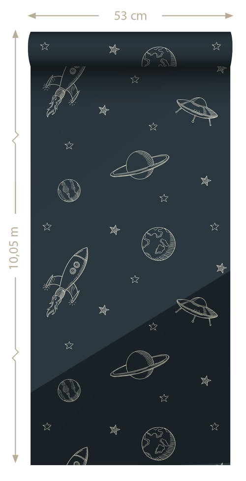 ESTAhome glow-in-the-dark behang planeten in de ruimte donkerblauw - 53 cm x 10.05 m - 139761