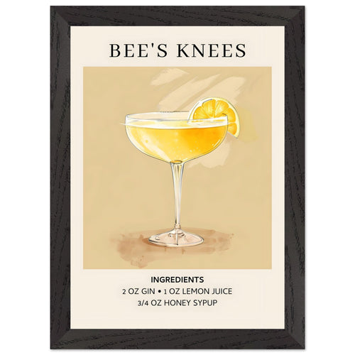 Artfulprints Poster met Lijst Bee's Knees cocktail - Ingrediënten   - A4 21x29.7 cm - Geel