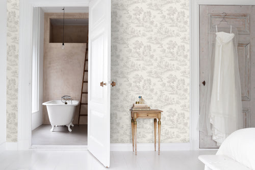 Sanders & Sanders behang toile de jouy print beige - 53 cm x 10 m - 641034