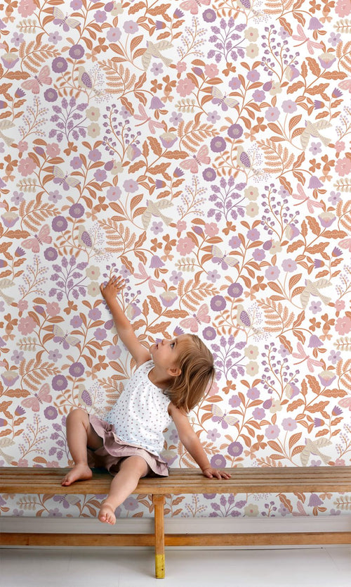 ESTAhome behang bloemen en vogels lila paars en terracotta - 53 cm x 10.05 m - 131392