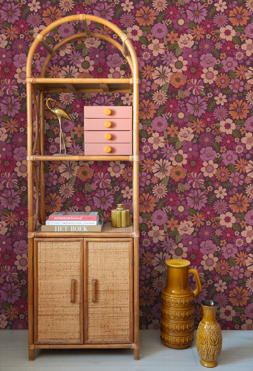 ESTAhome behang retro bloemen aubergine paars - 50 x 900 cm - 131810