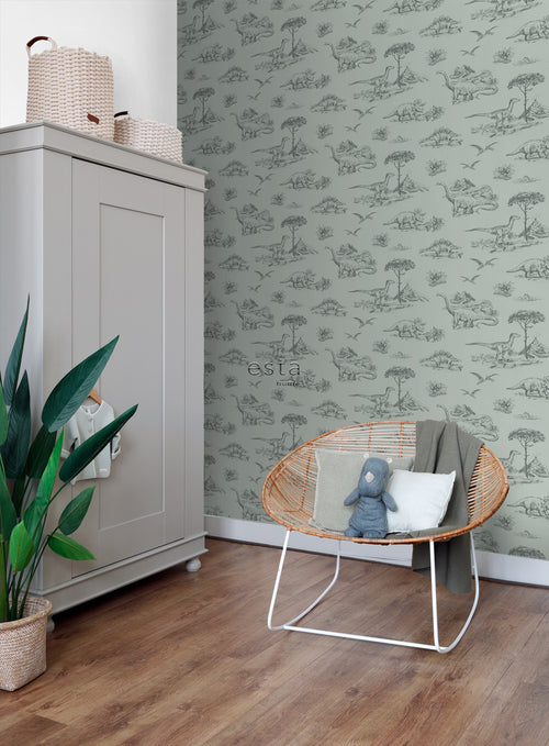 ESTAhome behang dinosaurussen vergrijsd zeegroen - 53 cm x 10.05 m - 139556