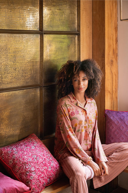 Pip Studio - Faye Pyjama t-shirt - Lange mouw Dames - Coco Flower - Koraal - XS - vtwonen shop