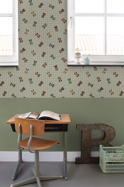 ESTAhome behang race auto's vergrijsd groen - 50 x 900 cm - 131753