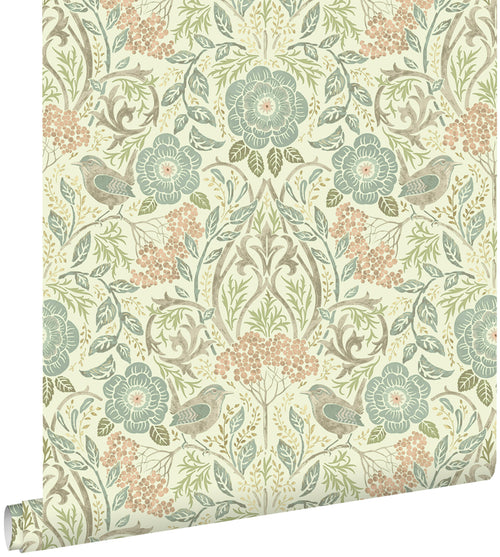 ESTAhome behang bloemen en vogels in art nouveau stijl vergrijsd blauw, bruin en oudroze - 0,53 x 10,05 m - 139323 - vtwonen shop