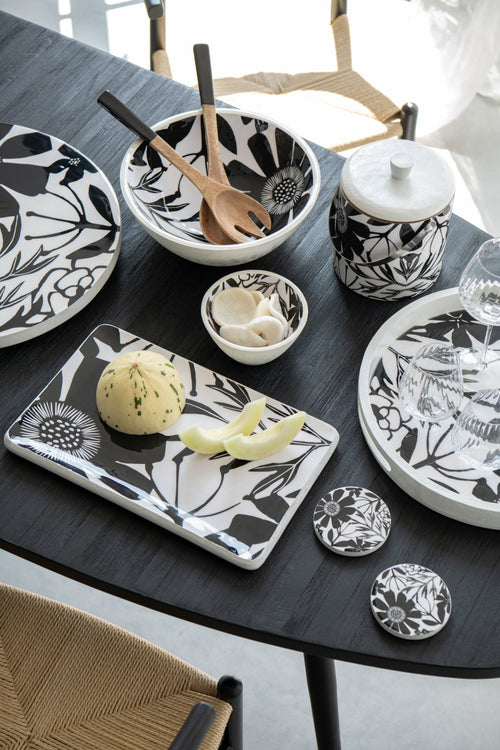 J-Line schaal Rechthoek Bloemen - hout - zwart/wit