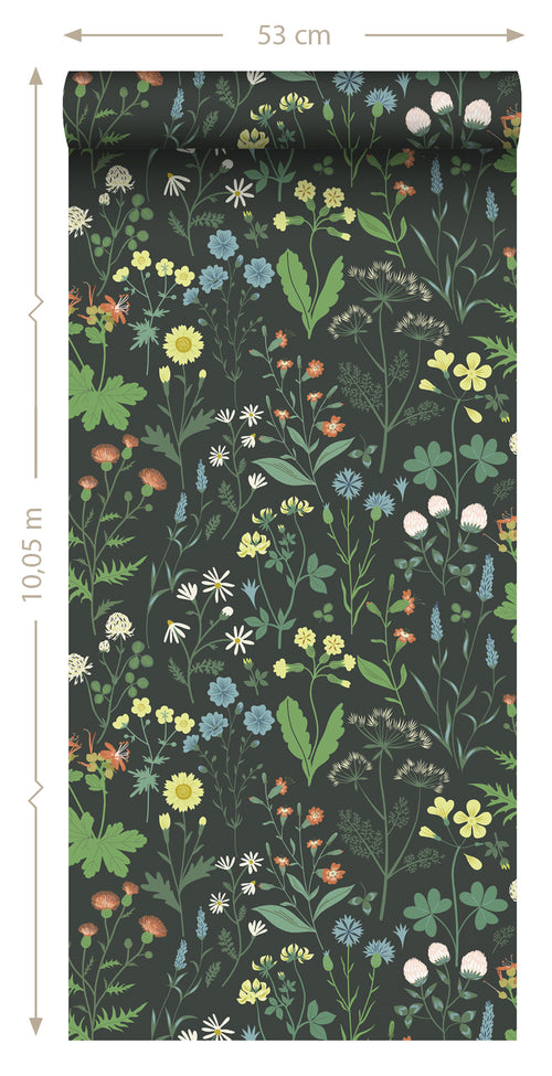 ESTAhome behang veldbloemen multicolor op zwart - 53 cm x 10.05 m - 139392