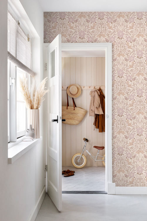 ESTAhome behang bloemen en vogels zand beige en lila paars - 53 cm x 10.05 m - 139829