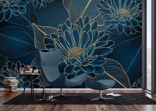 Sanders & Sanders fotobehang bloemen blauw en goud - 375 x 270 cm - 601456