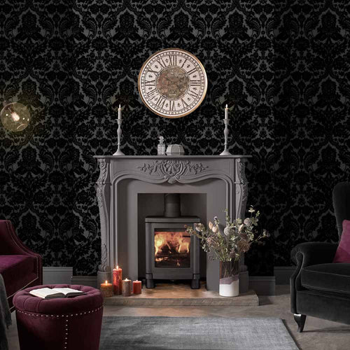 Graham & Brown Vliesbehang - Gothic Damask Flock Noir