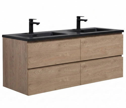 Badplaats Badkamermeubel Set Angela 140 cm – Kastanje Eiken – Badmeubel met Zwarte Wastafel