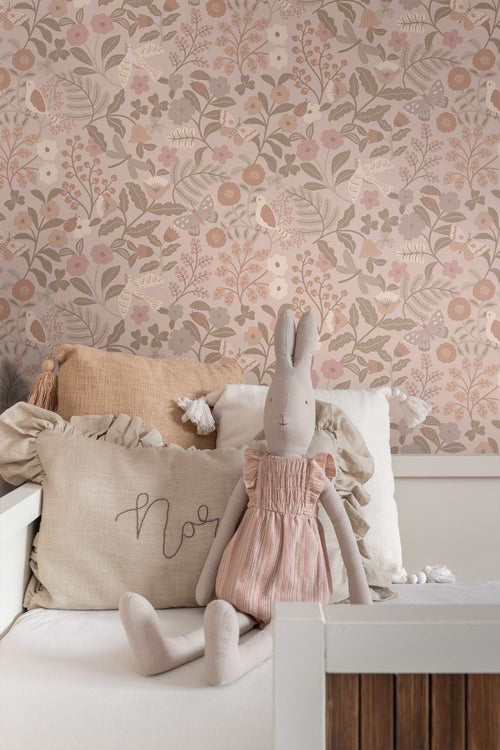 ESTAhome behang bloemen en vogels taupe en oudroze - 50 x 900 cm - 132232