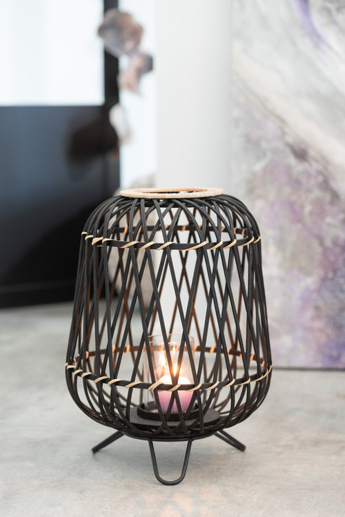 J-Line lantaarn Op Voet - bamboe - zwart/naturel - medium - vtwonen shop
