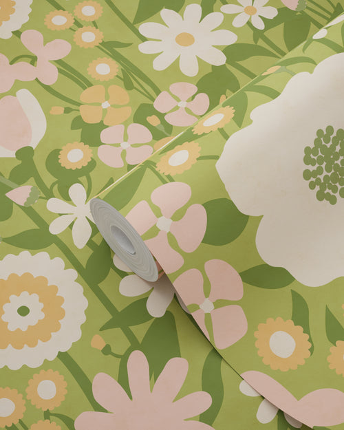 ESTAhome behang retro bloemen groen, roze en oranje - 50 x 900 cm - 132160