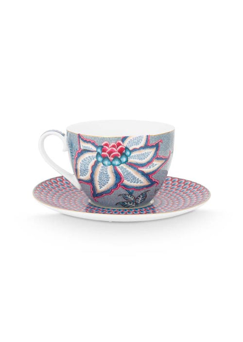 Pip Studio Flower Festival Kop en Schotel - Servies - Set van 2 - Lichtblauw - 280ml - vtwonen shop