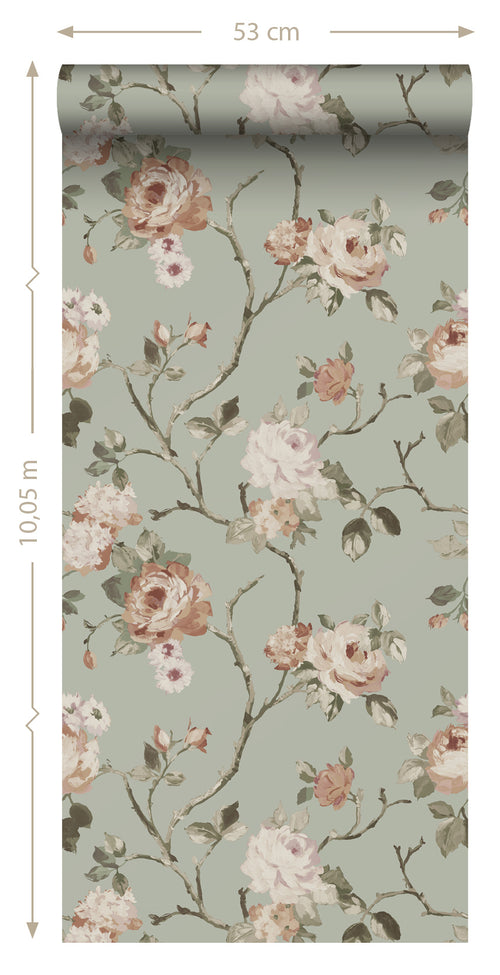 ESTAhome behang vintage bloemen vergrijsd mintgroen en zacht roze - 53 cm x 10.05 m - 139291 - vtwonen shop
