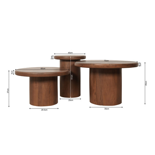 StarFurn Salontafel Maya - Walnoot Hout - Set van 3 - 70x70x45cm - vtwonen shop
